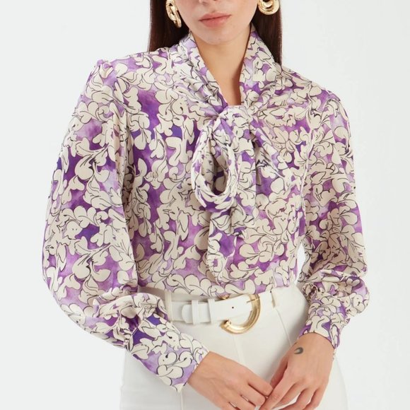 Bow Tie Collar Patterned Blouse - PURPLE - Picture 4 of 9